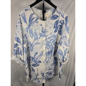 C&C California 3X 100% Linen Blue White Floral Button Front Blouse Coastal